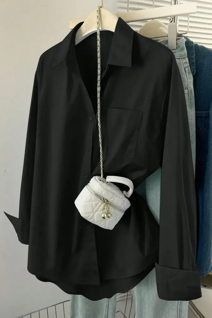 Black Solid Collared Shirt - Image 1