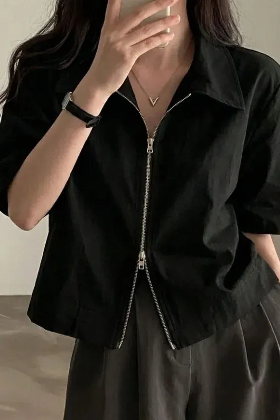 Black Cropped Oversized Zip Shirt - Image 1