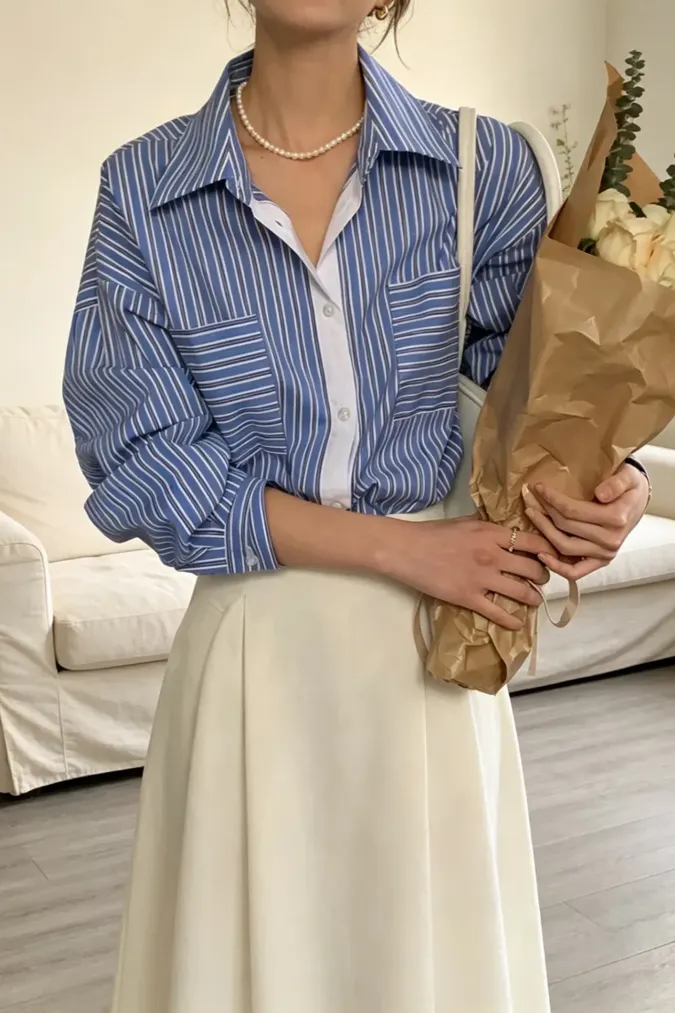 Light Blue Striped Collared Shirt - Image 1
