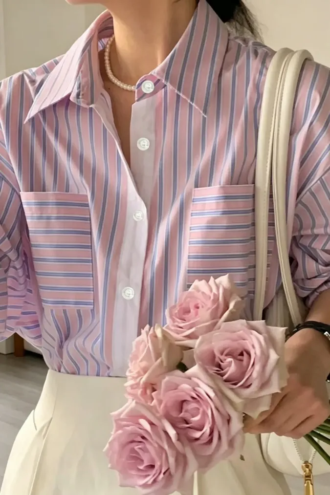 Light Pink Striped Collared Shirt - Image 1