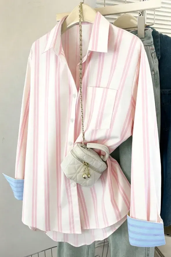 Light Pink Striped Button-Up Shirt - Image 1
