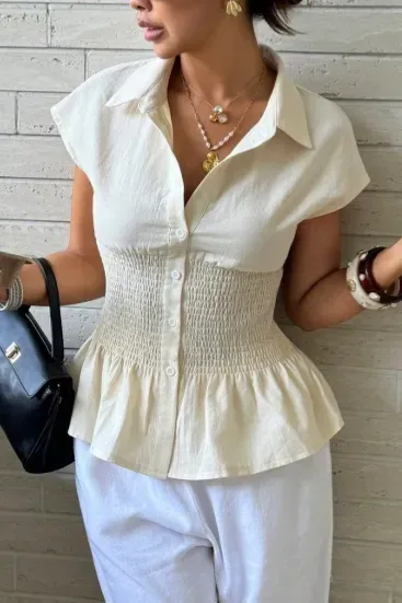 Cream Smocked Peplum Shirt - Image 1