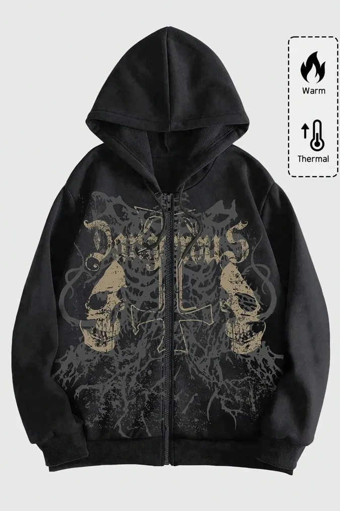 Black Graphic Zipper Hoodie - Image 1
