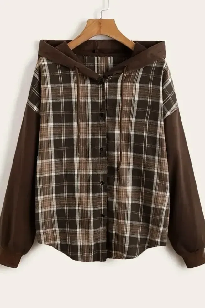 Brown Plaid Hooded Sweatshirt - Image 1
