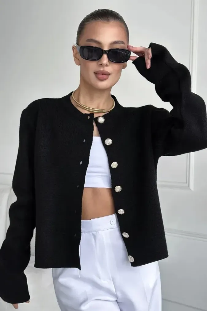 Black Buttoned Round Neck Cardigan - Image 1