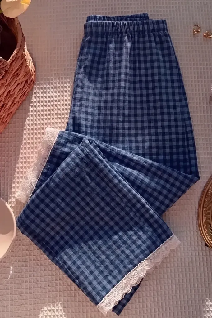 Navy Gingham Wide-Leg Pants - Image 1