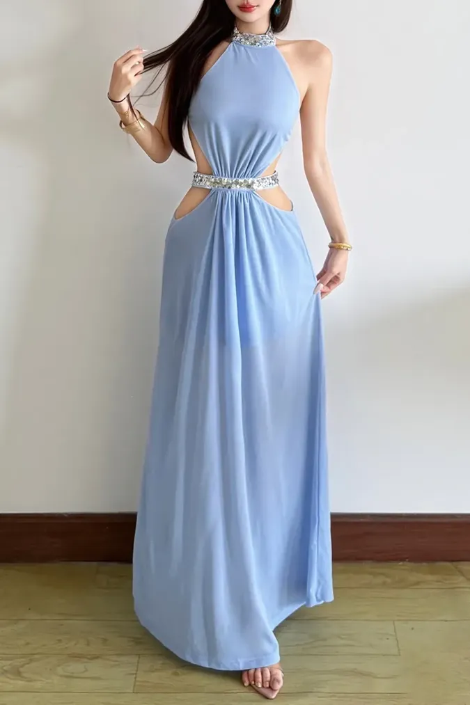 Light Blue Embellished Halter Maxi Dress - Image 1