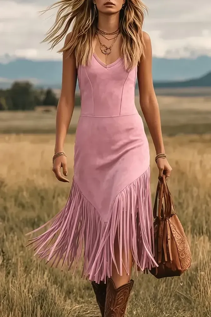 Pink V-Neck Fringe Midi Dress - Image 1