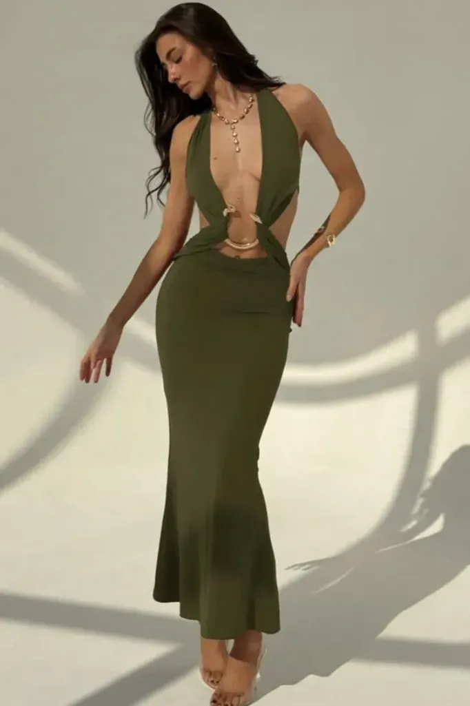 Olive Plunge Neck Maxi Dress - Image 1