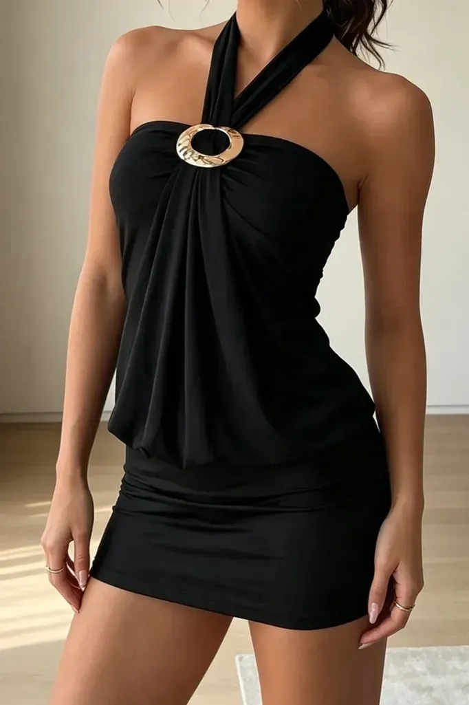 Black Solid Halter Mini Dress - Image 1