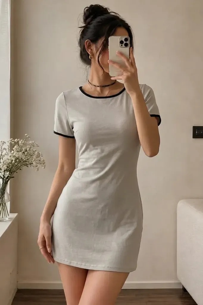 Beige Solid Square Neck Mini Dress - Image 1
