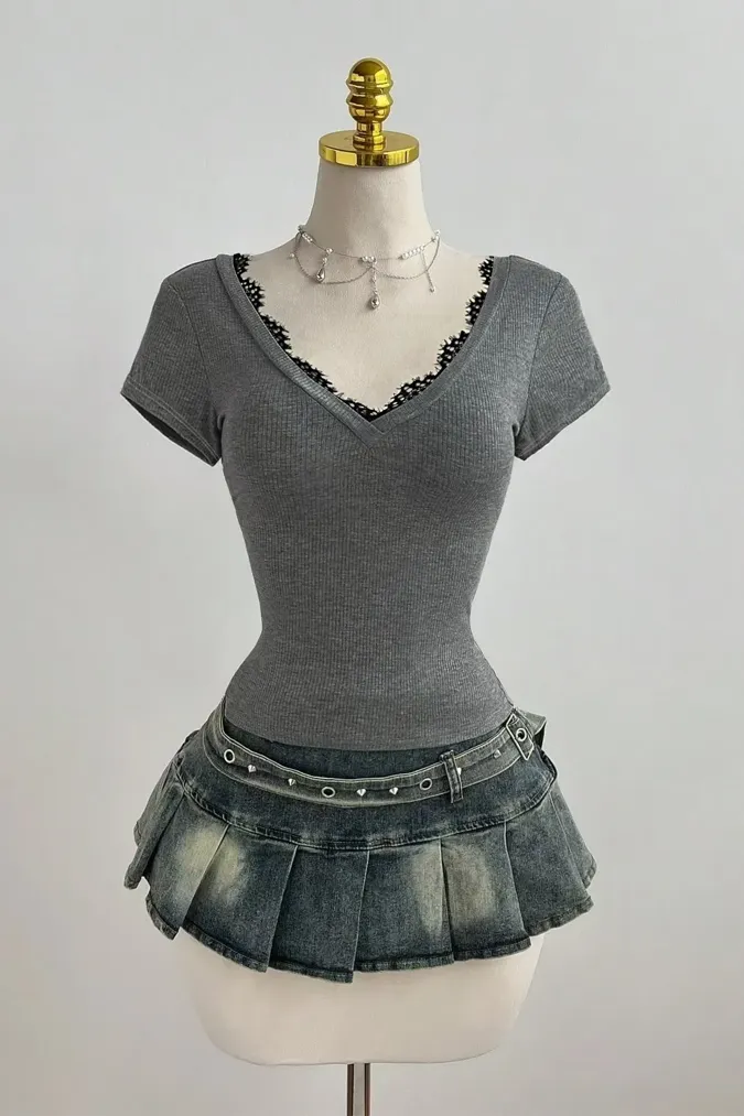 Grey V-Neck Lace Top - Image 1