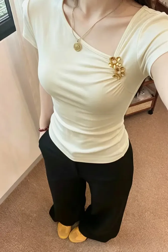 Beige Ruched Asymmetric T-Shirt - Image 1