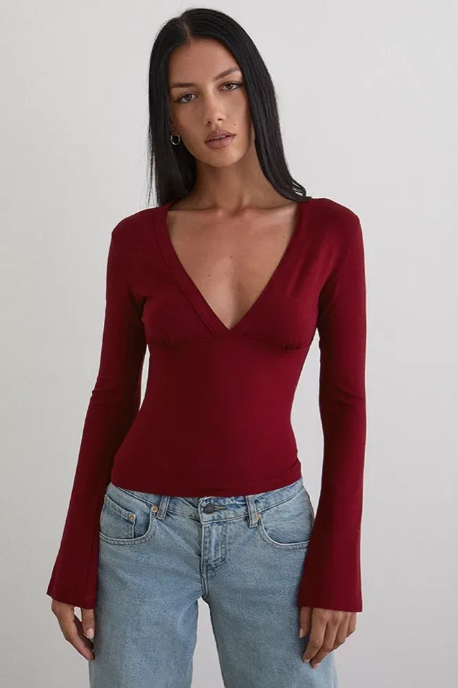 Maroon Solid V-Neck T-Shirt - Image 1