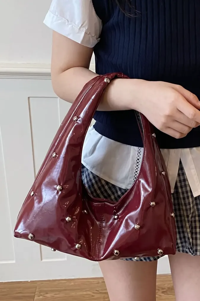 Maroon Metallic Studded Pu Handbag - Image 1