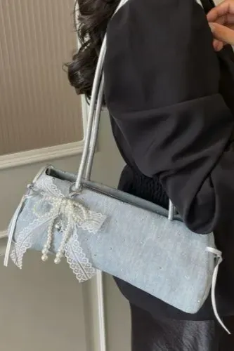 Light Blue Pearl Lace Baguette Bag - Image 1