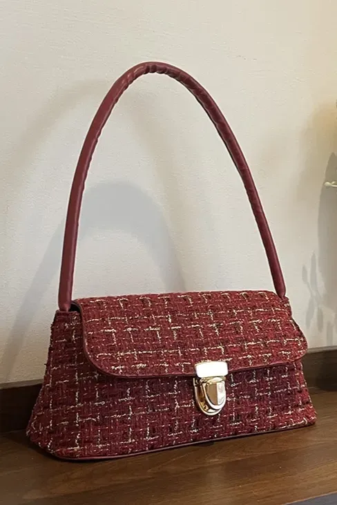 Red Textured Tweed Shoulder Bag - Image 1