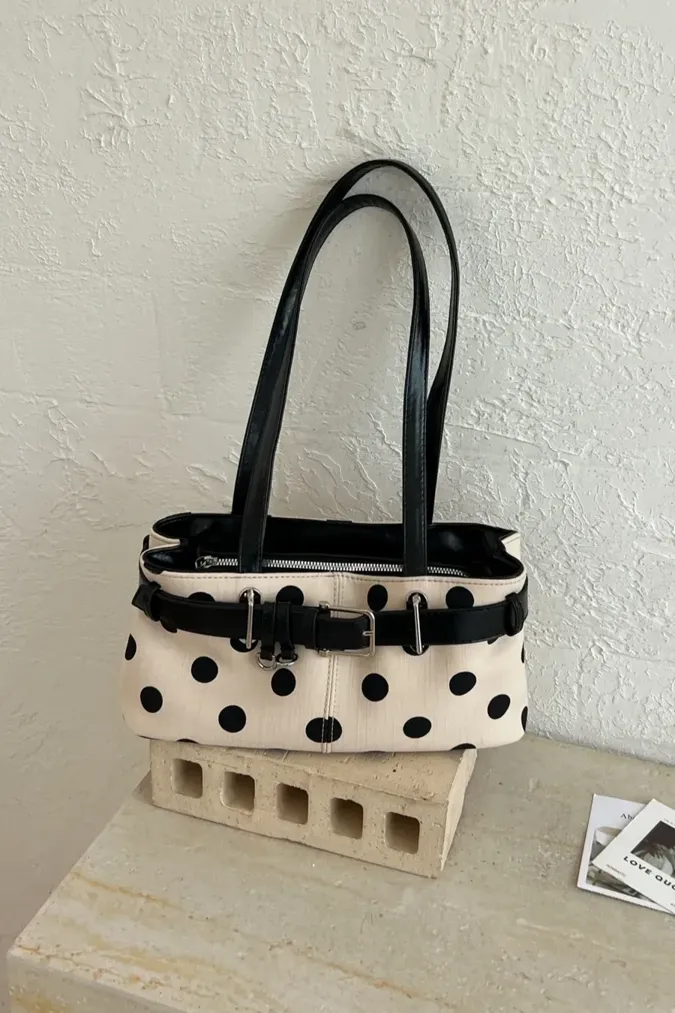 Beige Belted Polka Dot Shoulder Bag - Image 1