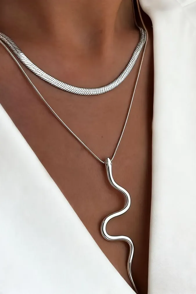 Silver Snake Pendant Necklace - Image 1